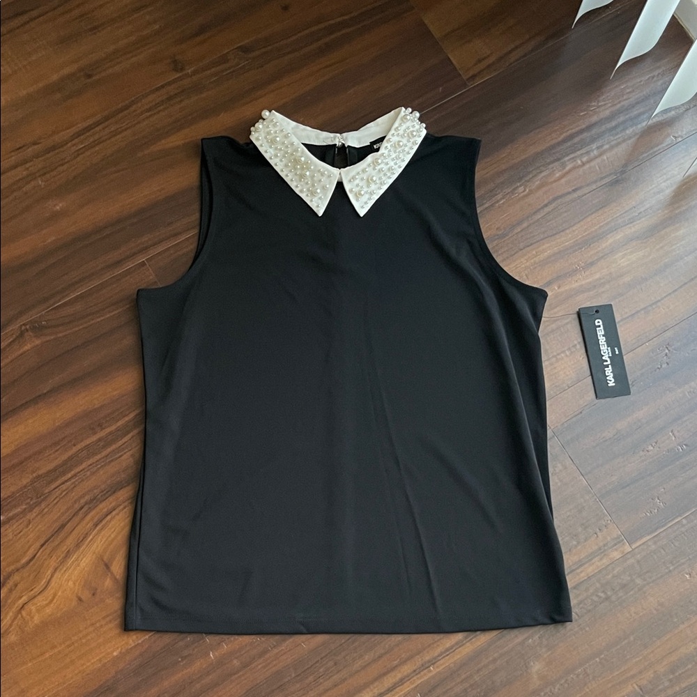 New KARL LAGERFELD PARIS  Pearl Collar Top Blouse - Picture 3 of 13